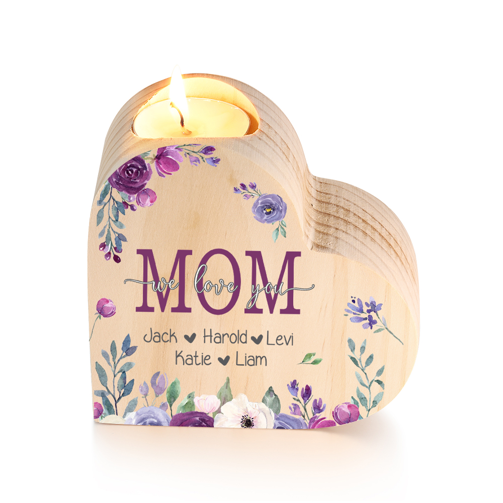 To My Mom Personalized Flower Heart Candle Holder We Love You Wooden Candlestick