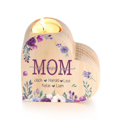 To My Mom Personalized Flower Heart Candle Holder We Love You Wooden Candlestick