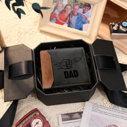2 Names - Personalized Fist Bump Photo Custom Leather Men's  Wallet With Gift Box as a Father's Day Gift for Dad