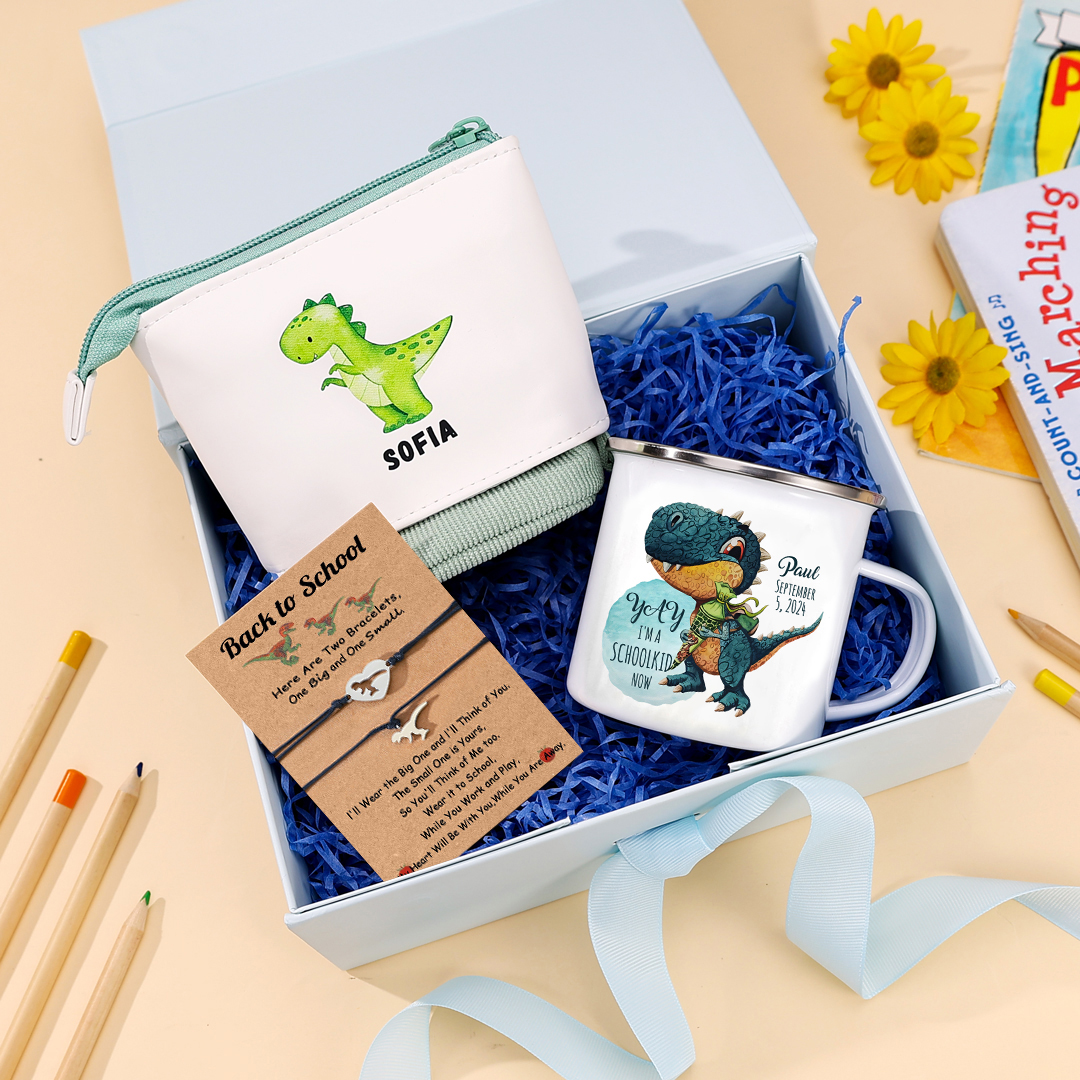 Back to School Gift Set - Personalized Gift Customized Name and Date Enamel Mug & Dinosaur Pencil Pouch & Dinosaur Bracelet Set - Gift for Kids
