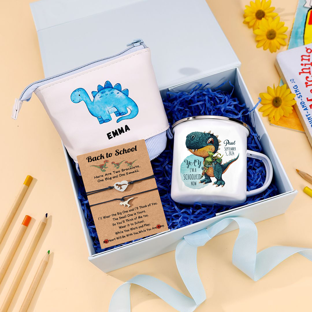 Jessemade UK Back to School Gift Set -Personalized Gift Customized Name and Date Enamel Mug and Blue Dinosaur Pencil Case and Dinosaur Bracelet Set - Gift for Kids 36.99 am1