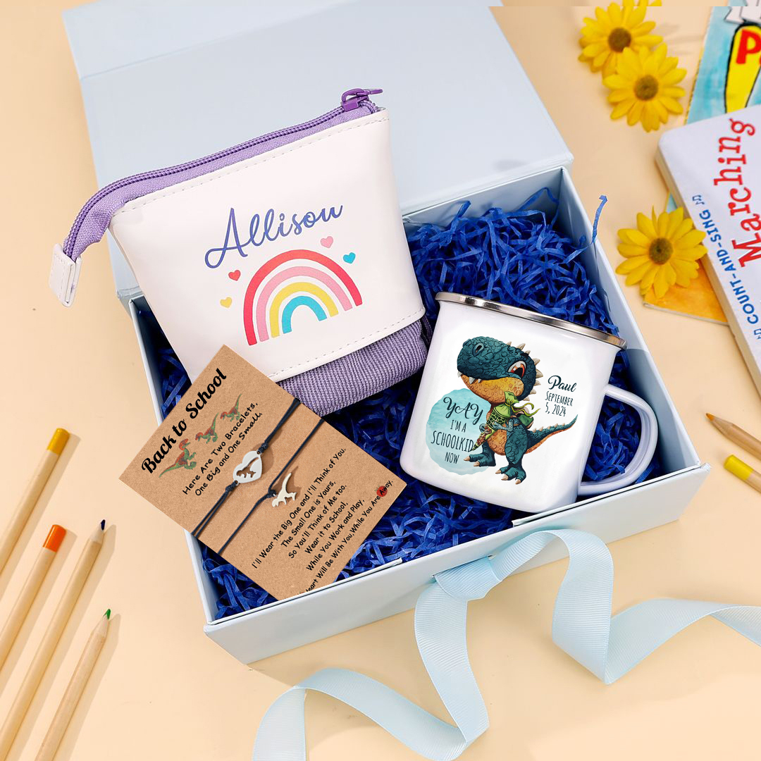 Back to School Gift Set -Personalized Gift Customized Name and Date Enamel Mug and Pueple Dinosaur Pencil Case and Dinosaur Bracelet Set - Gift for Kids