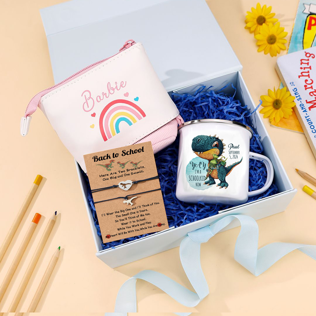 Back to School Gift Set -Personalized Gift Customized Name and Date Enamel Mug and Pink Dinosaur Pencil Case and Dinosaur Bracelet Set - Gift for Kids
