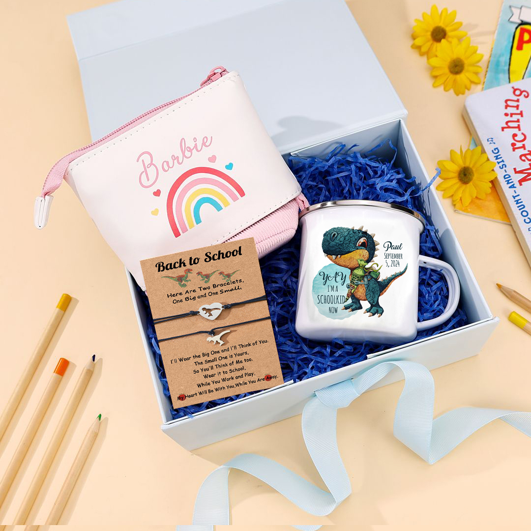 Jessemade UK Back to School Gift Set -Personalized Gift Customized Name and Date Enamel Mug and Pink Dinosaur Pencil Case and Dinosaur Bracelet Set - Gift for Kids 36.99 am1