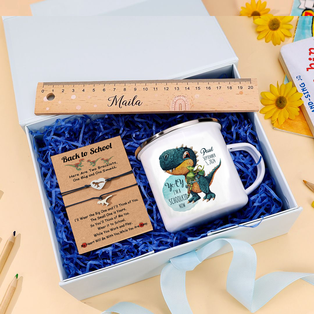 Back to School Gift Set -Personalized Gift Customized Name and Date Enamel Mug and Ruler and Dinosaur Bracelet Set - Gift for Kids