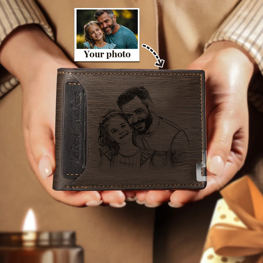 Personalized Photo Leather Men's Wallet With Card Slot Engraved Text With Gift Box For Him