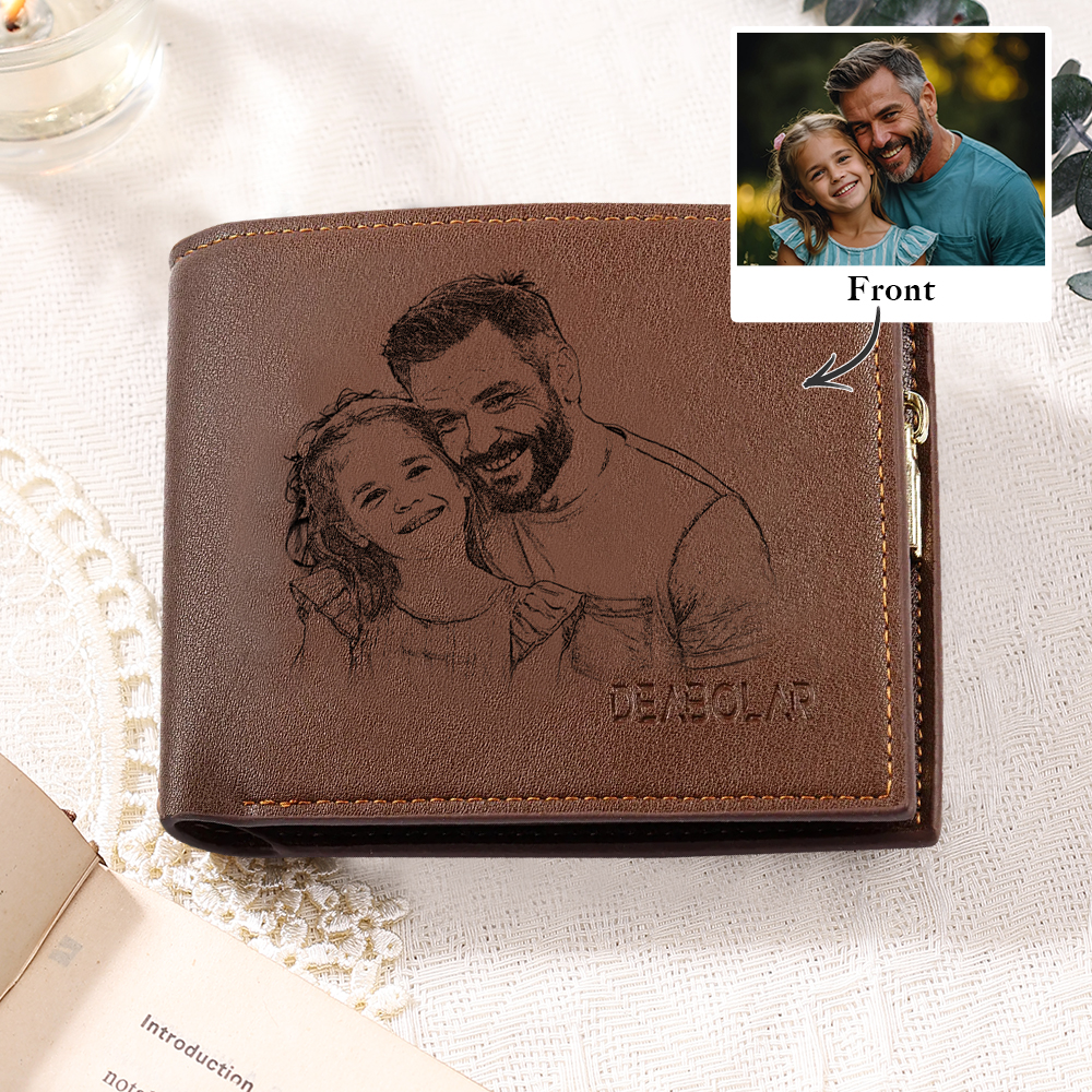 Personalized Photo Leather Men's Wallet Customized Name Letters Folding Brown Wallet Gift for Grandpa