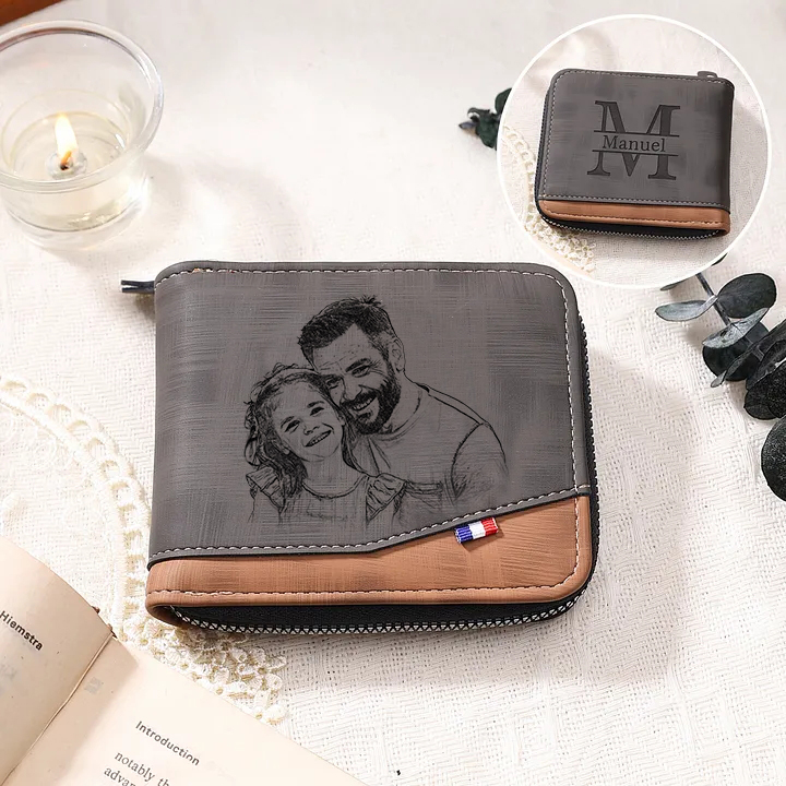 Personalized Name Leather Men's Zipper Wallet With Card Slot Engraved Letter And Photo Gift For Grandpa