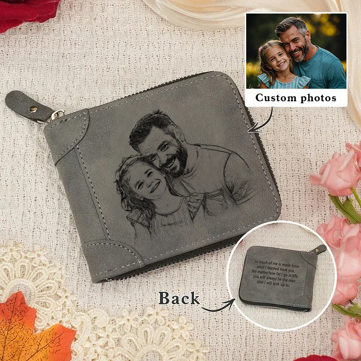 Photo Personalized Leather Zipper Men's Wallet Custom Text Fold Wallet With Gift Box for Grandpa