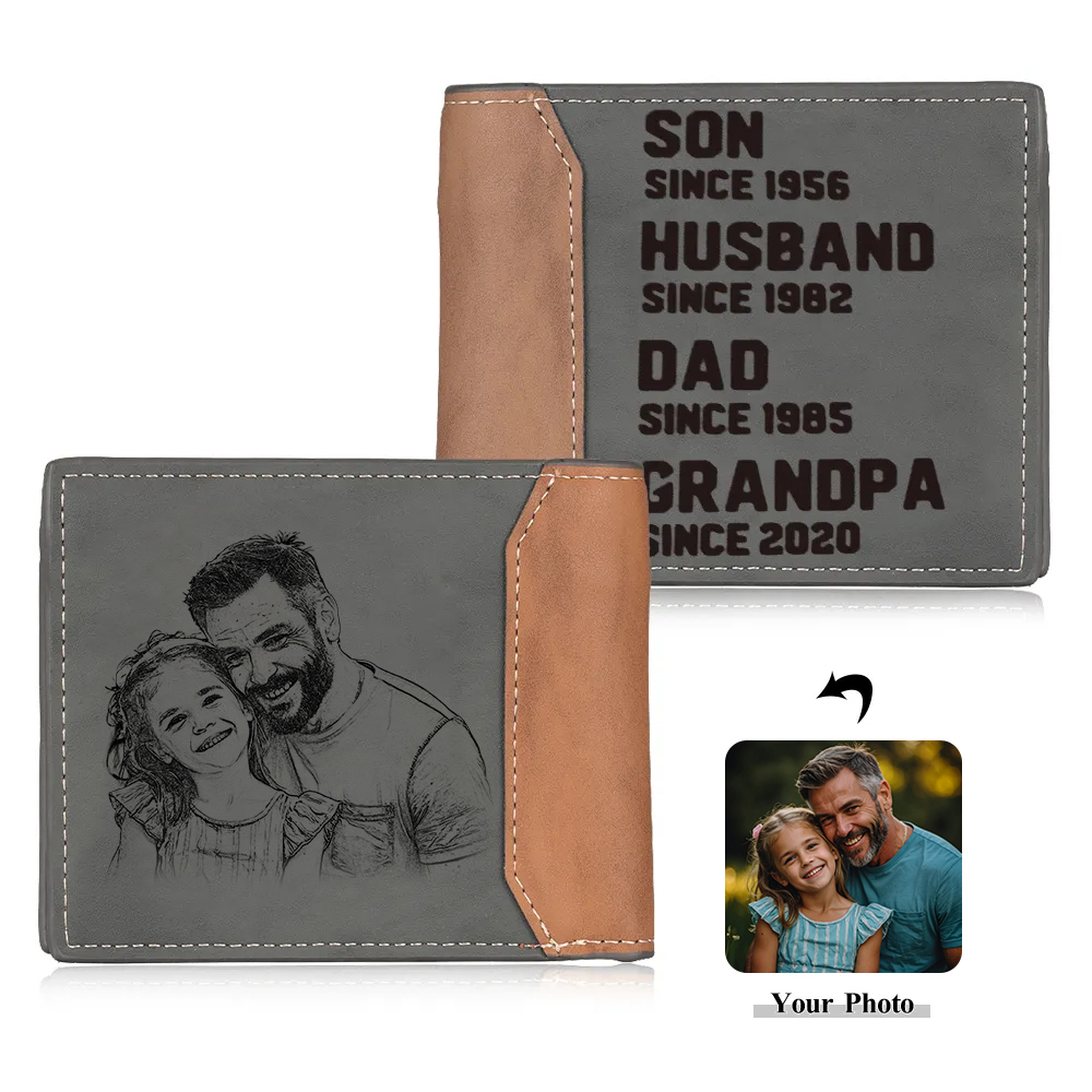 Personalized Photo Customized Leather Men's Wallet Customized with 4 Dates as Father's Day Gift for Grandpa