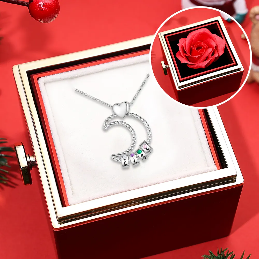 4 Names - Personalized Moon Pendant Necklace Custom Birthstones & Names Necklace Gift for Her | Jessemade