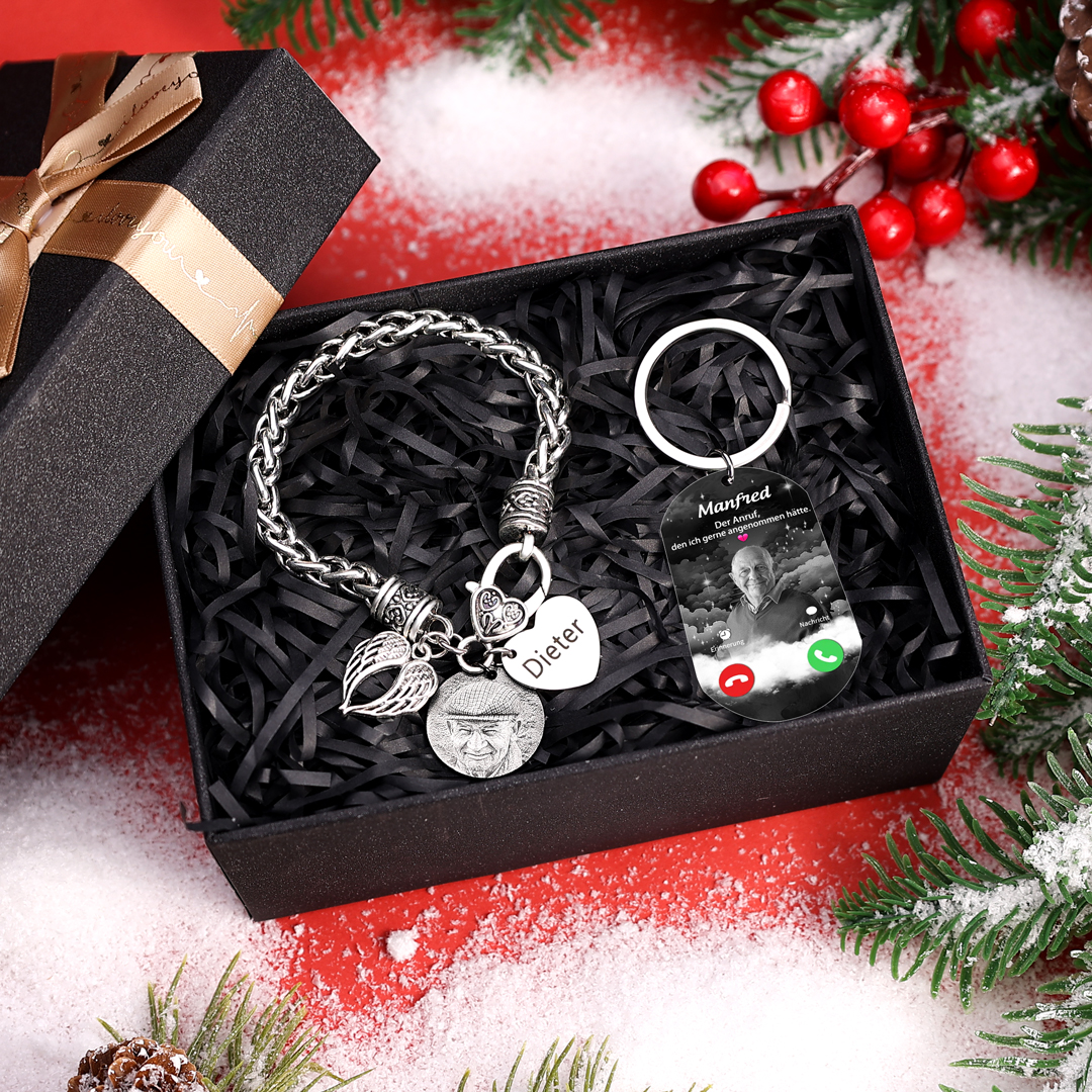 Personalised Memorial Bracelet Keychain Set Angel Wing Bracelet Custom Photo & Name Keyring Gifts for Family | Jessemade