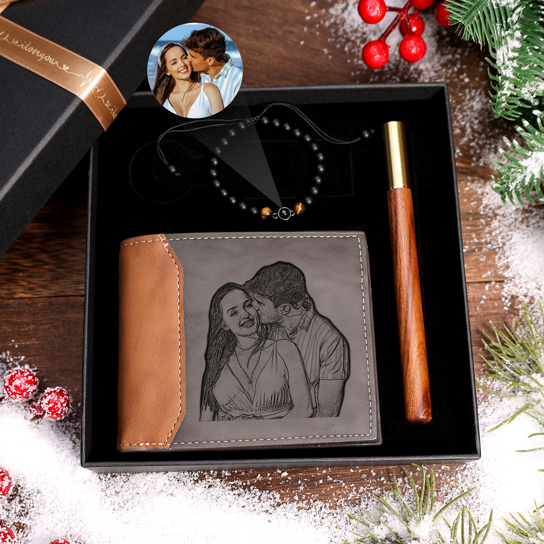 Personalised Wallet & Projection Stone Bracelet Gift Set - Custom Phot