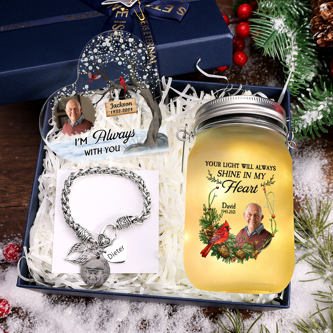 Personalised Memorial Gift Set with Mason Jar Angel Wing Bracelet Heart Acrylic Plaque Custom Photo & Name | Jessemade