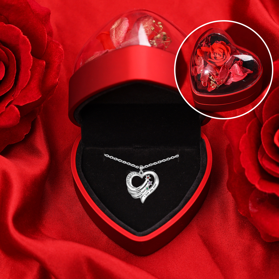 Personalised Heart Mirror Necklace Customized With 3 Names and 3 Birthstones Women's Necklace Gift for Mum | Jessemade