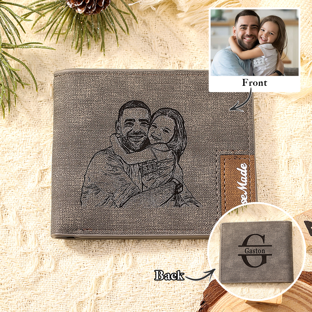 Personalized Leather Wallet Engraved Photo Short Purse Custom Folding Wallet Gifts For Grandpa