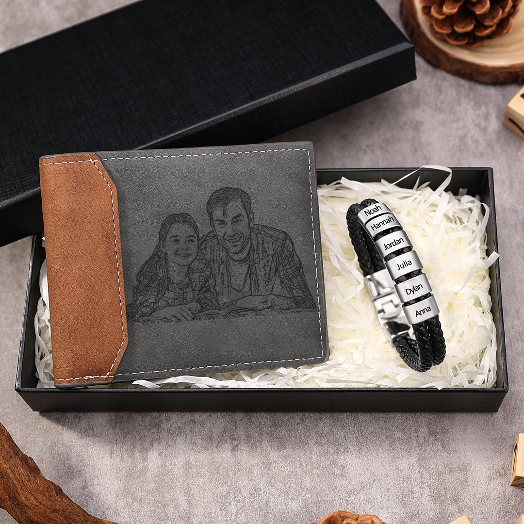 Personalized Gift Set - Custom Wallet & Bracelet with 1 Photo, 1 Lette