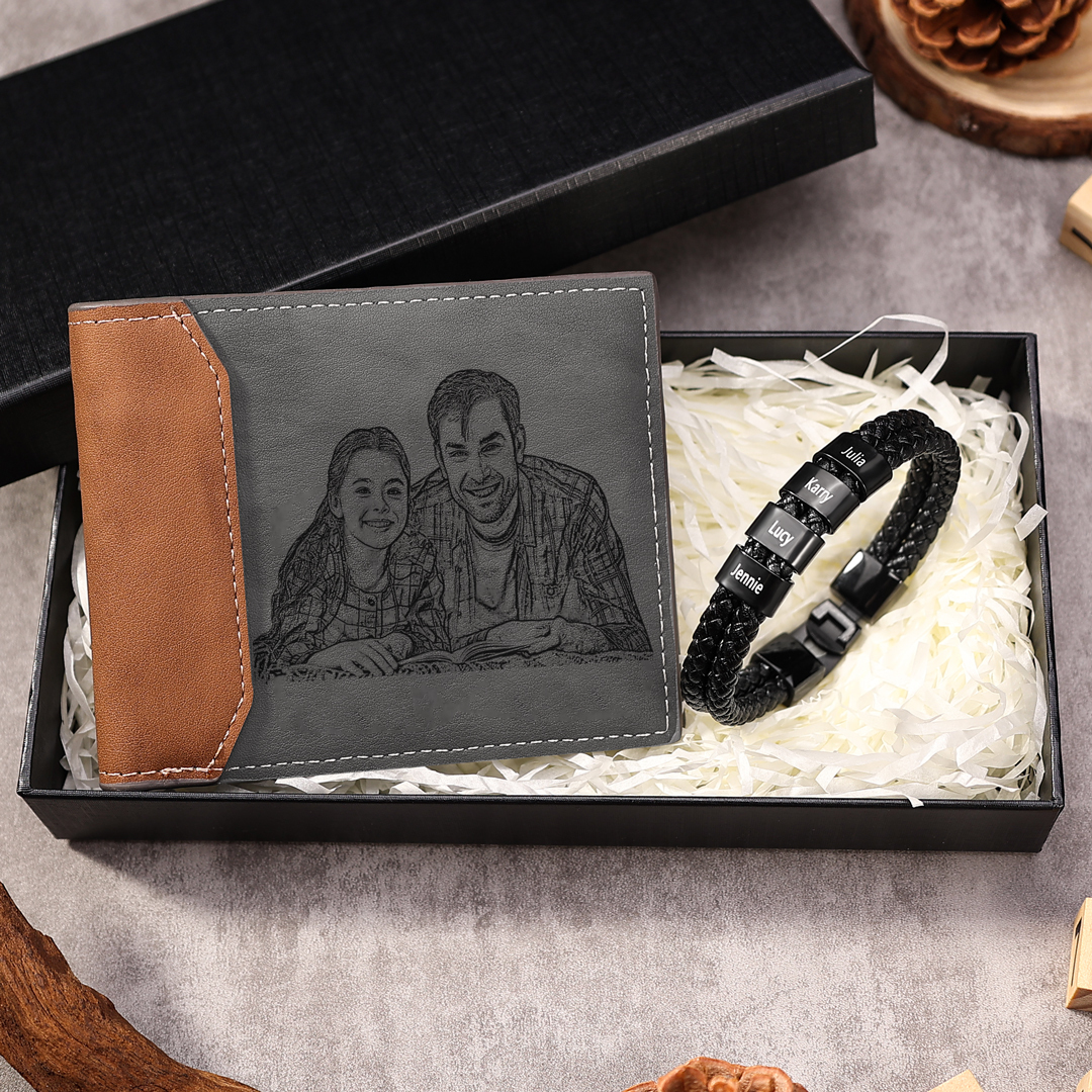 Personalised Gift Set - Custom Wallet & Bracelet with 1 Photo, 1 Letter, and 4 Names, Christmas Gift Box for Him | Jessemade
