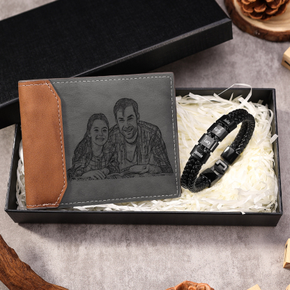 Personalised Gift Set - Custom Wallet & Bracelet with 1 Photo, 1 Letter, and 4 Names, Christmas Gift Box for Him | Jessemade