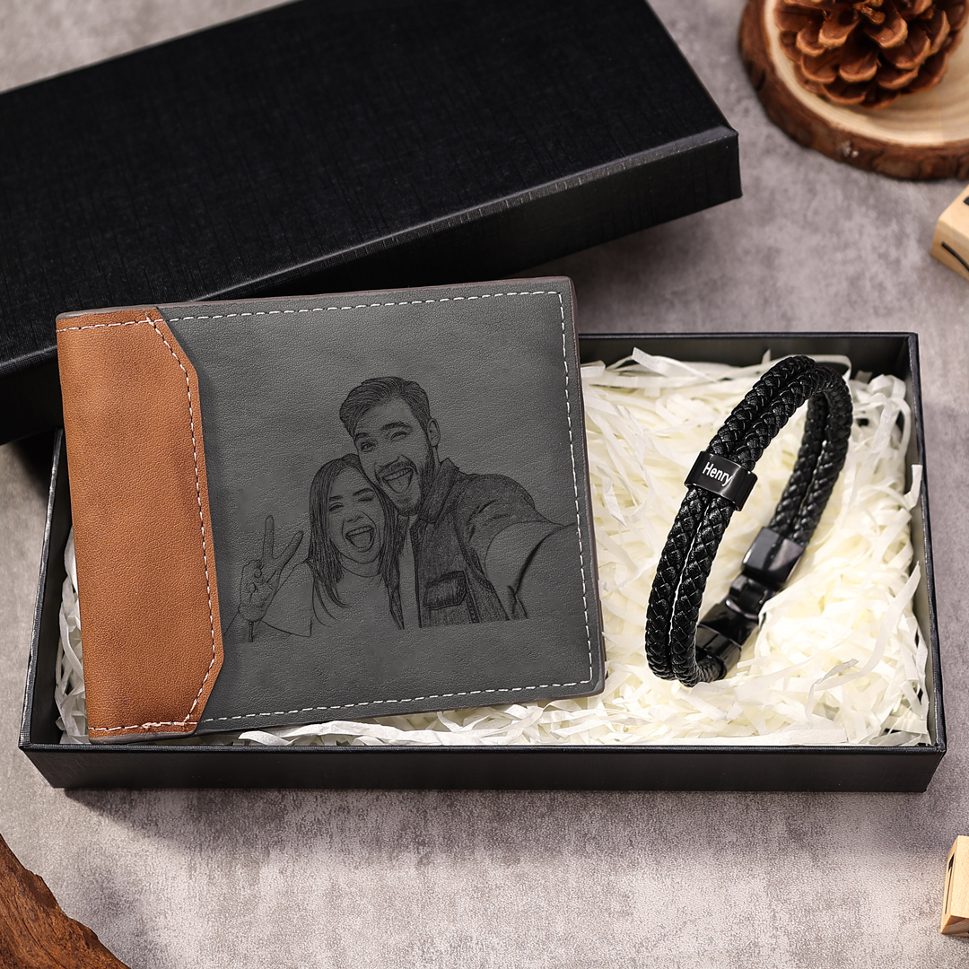 Personalised Gift Set - Custom Wallet & Bracelet with 1 Photo, 1 Letter, and 2 Names, Christmas Gift Box for Him | Jessemade