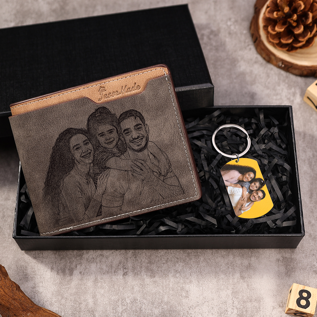 Wallet Gift Set Men Photo Wallet Custom with Name Photo Letter Personalized Photo Keychain Gift for Him | Jessemade