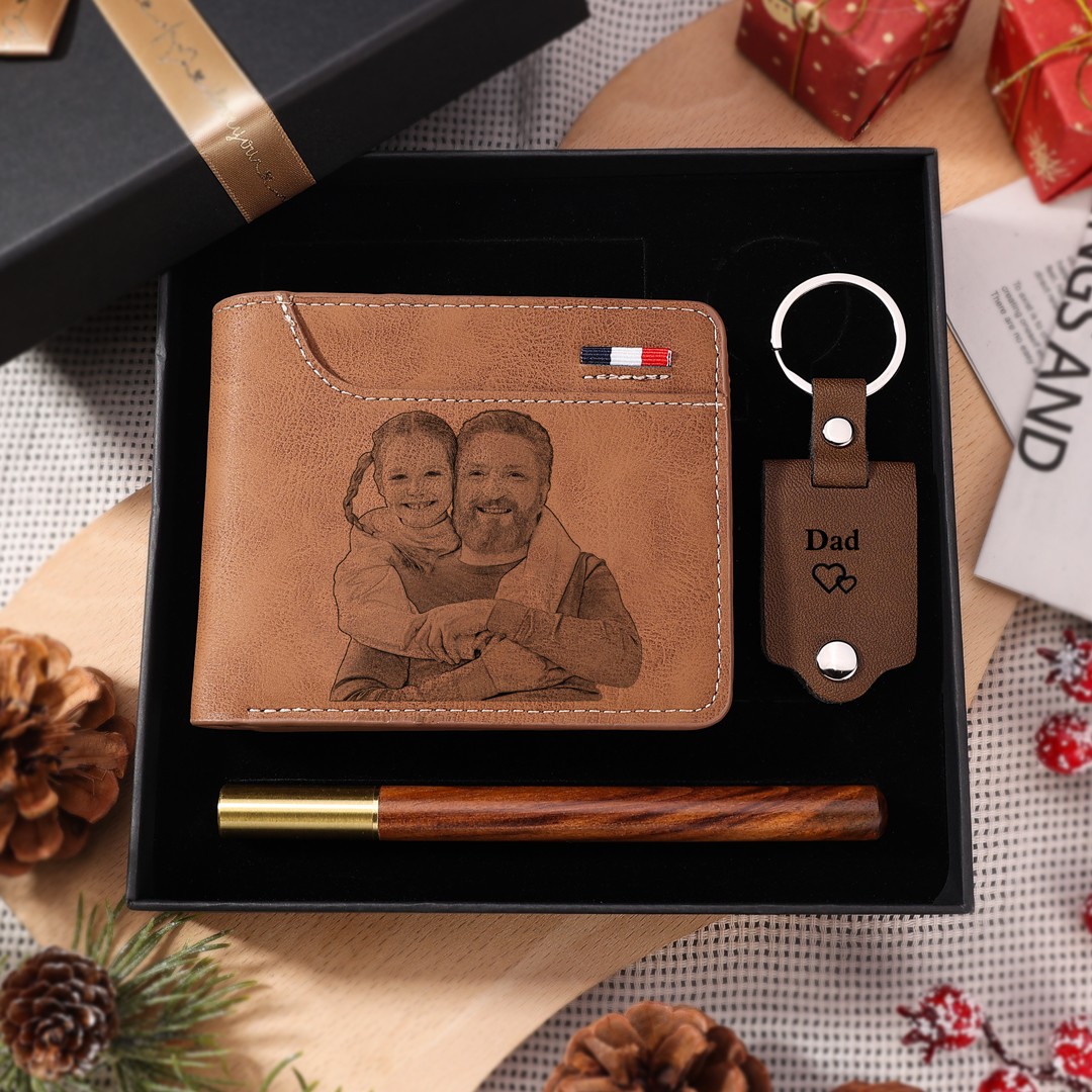 Personalised Wallet & Keyring Gift Set - Custom Photo Wallet & Leather Keyring Ideal Gift for Dad | Jessemade