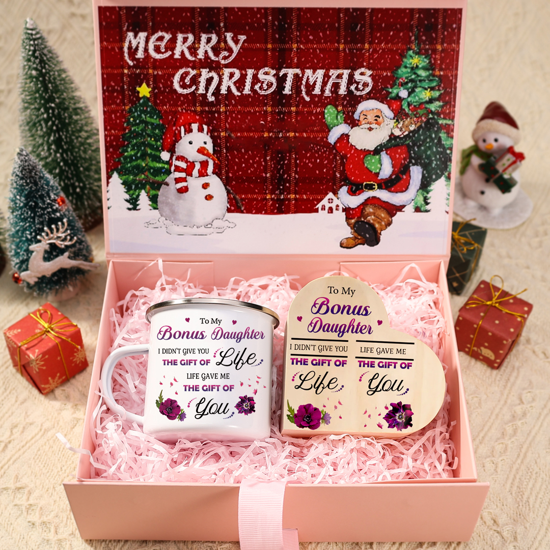 To My Bonus Daughter Christmas Gift Set with Violet Flower Heart Candle Holder Mug "Life Gave Me The Gift of You" Candlestick | Jessemade