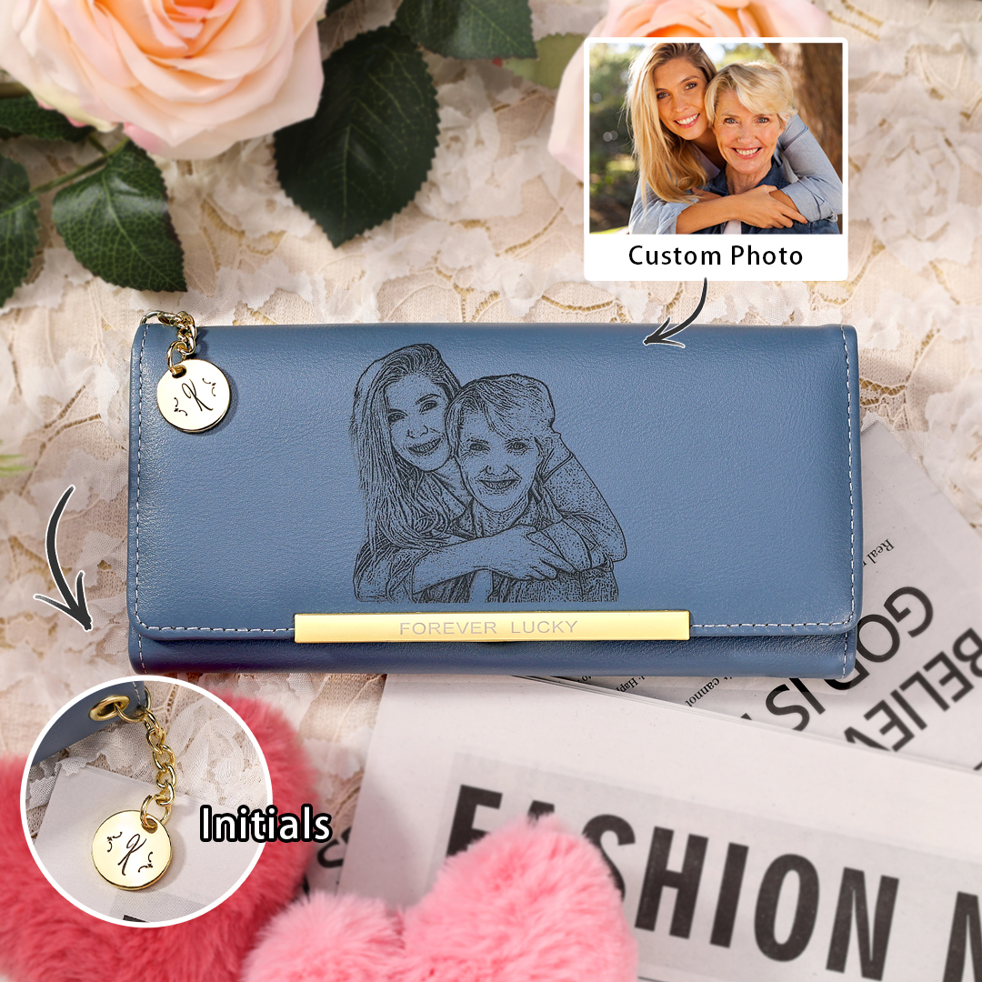 Personalised Women's Wallet with Custom Photo & Letter – PU Leather in Blue & Pink & Yellow Christmas Gift for Nan | Jessemade