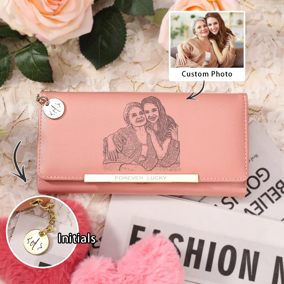 Personalized Women's Wallet Custom Photo and Lettering Blue/Pink Leather Wallet for Grandma | Jessemade