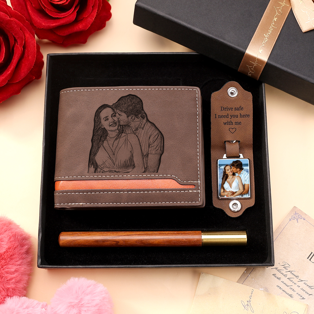 Personalized Men’s Wallet & Keyring Set – Custom Gift Box with Photo, Name, Letter, and Text – Valentine’s Day Gift for Him | Jessemade