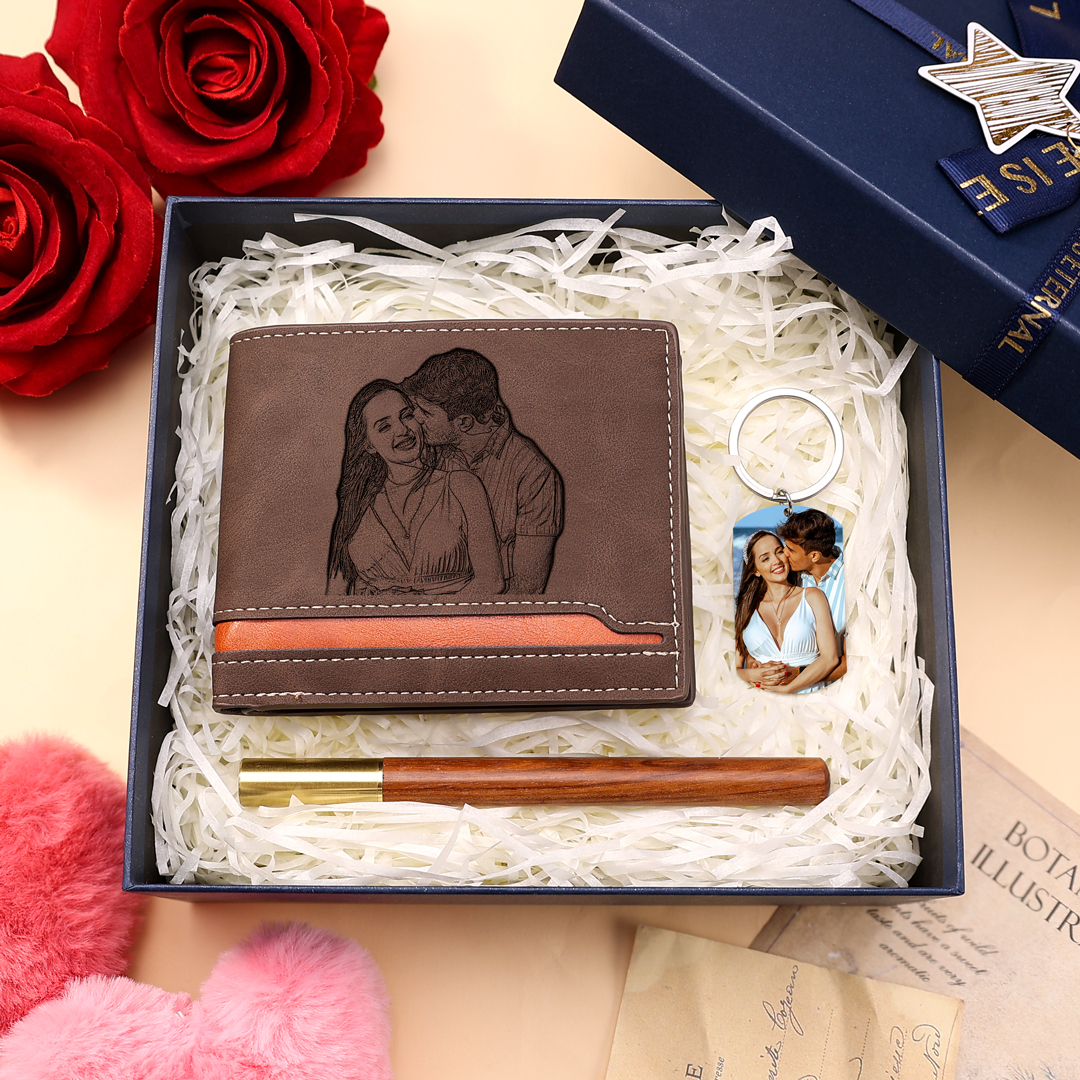 Personalized Men's Wallet & Keyring Set - Custom Gift Box with Photo, Name, Letter & Text - "Love You Always" Valentine's Day Gift for Him | Jessemade