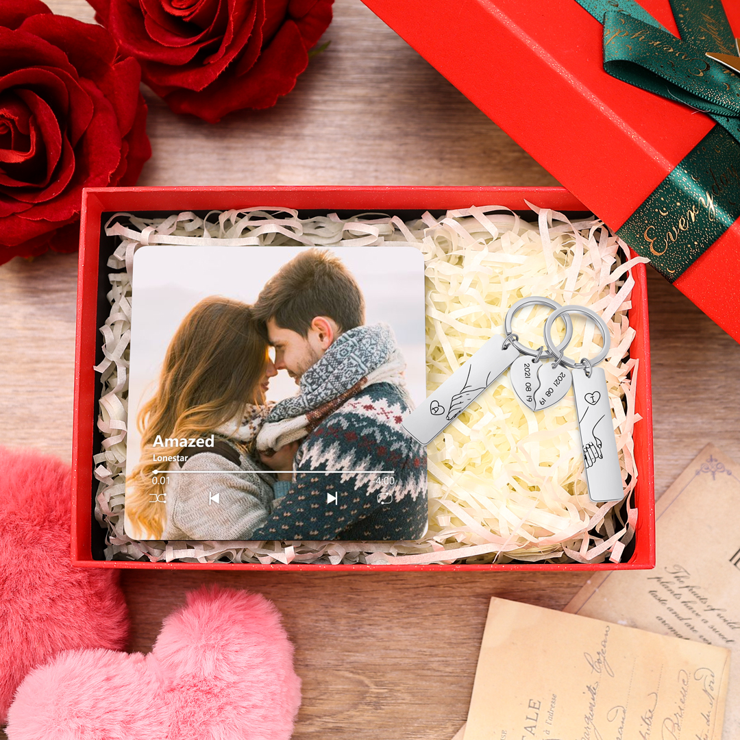Personalized Fridge Magnet & Keyring Set - Customized with Photos, Dates, Letters & Songs Couple Gift- Valentine's Day Gift for Him | Jessemade
