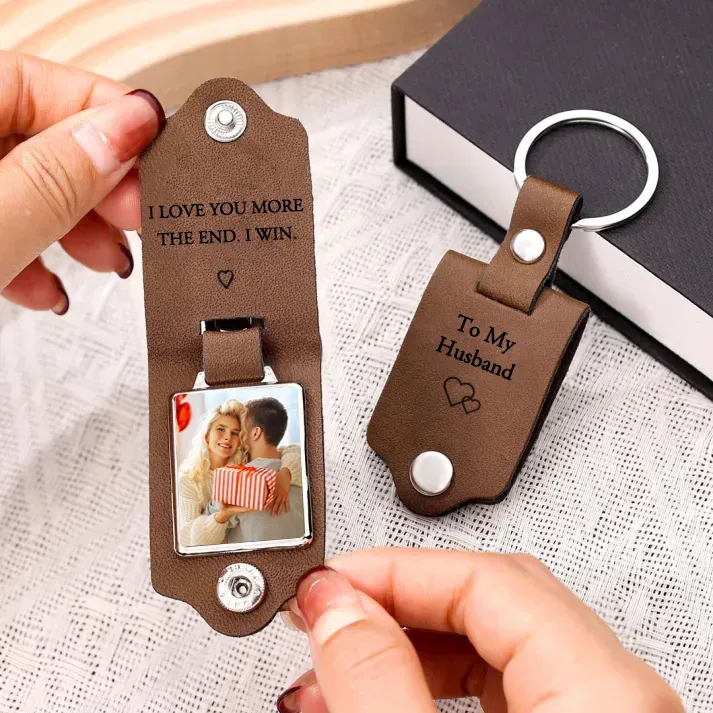 Personalised Photo Keyring Custom 2 Text and 1 Photo Leather Keyring Valentine's Day Gift for Him | Jessemade