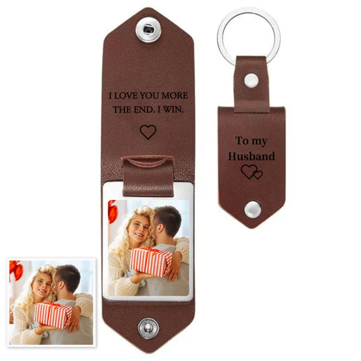 Personalised Photo Keyring Custom 2 Text and 1 Photo Leather Keyring Valentine's Day Gift for Him | Jessemade