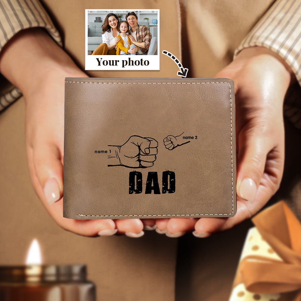 Personalized Leather Mens Wallet Engraved 2 Names Fist Bump Folding Wallet Father's Day Gifts