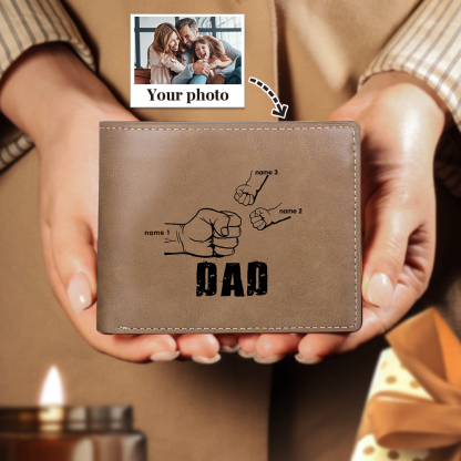 Personalized Leather Mens Wallet Engraved 3 Names Fist Bump Folding Wallet Father's Day Gifts