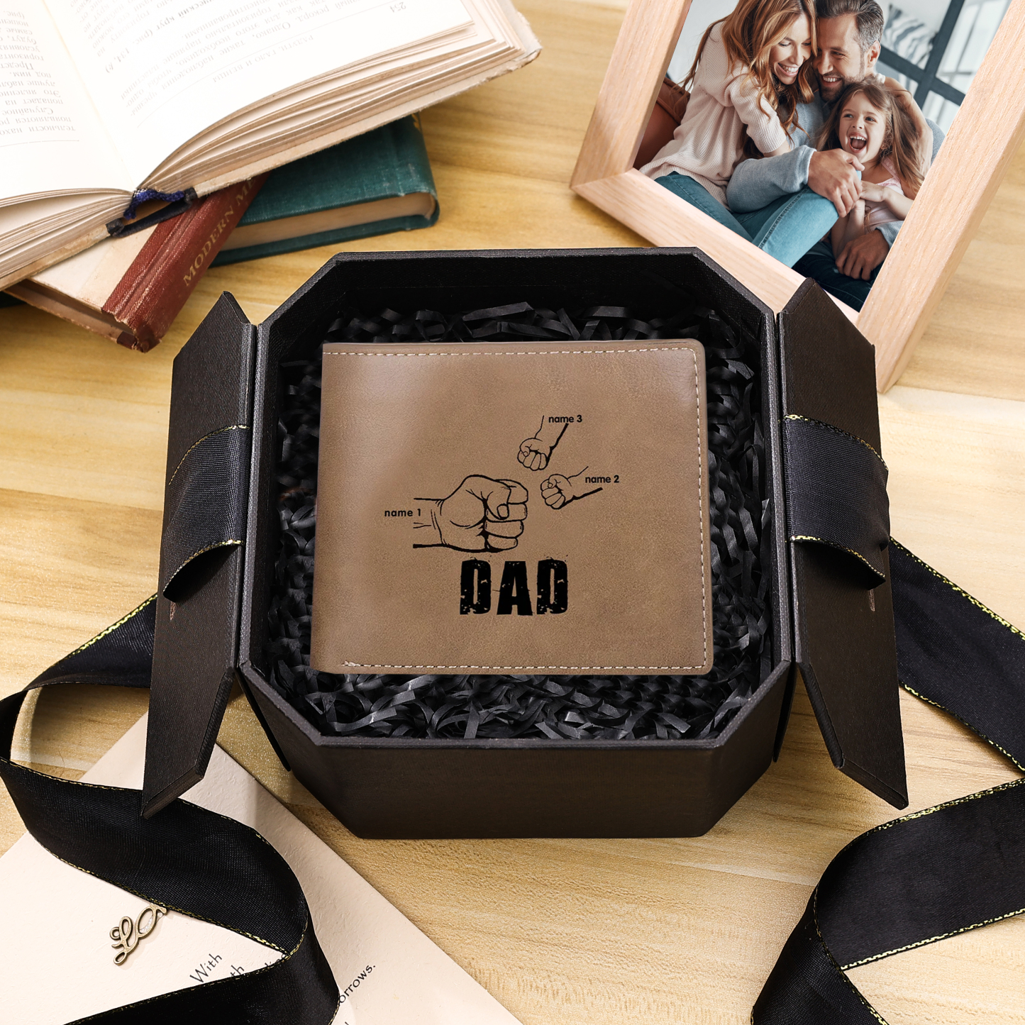 Personalized Leather Mens Wallet Engraved 3 Names Fist Bump Folding Wallet Father's Day Gifts