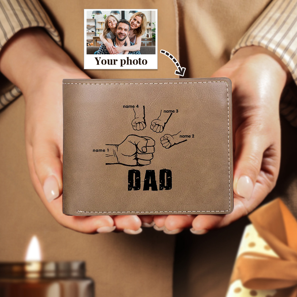 Personalized Leather Mens Wallet Engraved 4 Names Fist Bump Folding Wallet Father's Day Gifts