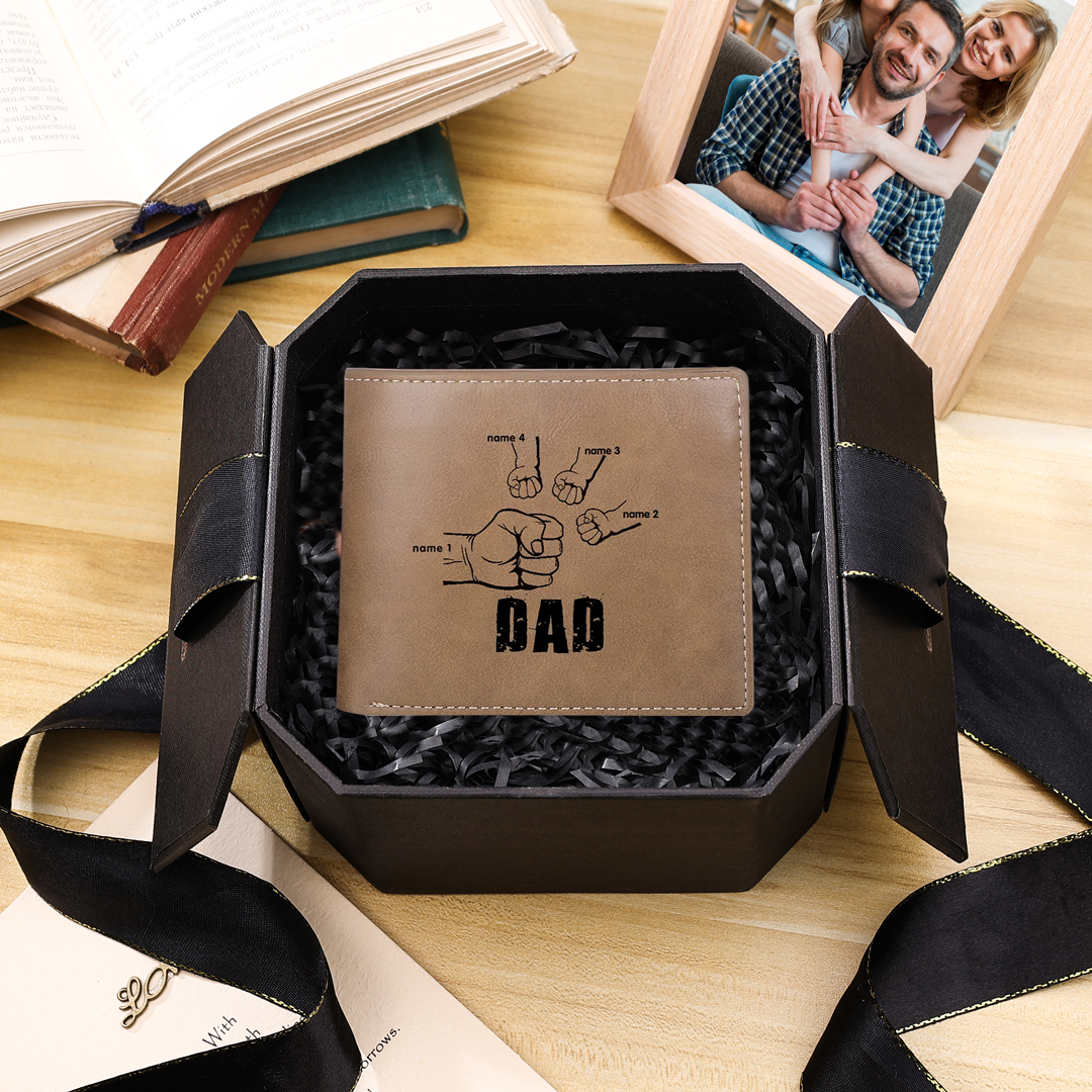Personalized Leather Mens Wallet Engraved 4 Names Fist Bump Folding Wallet Father's Day Gifts