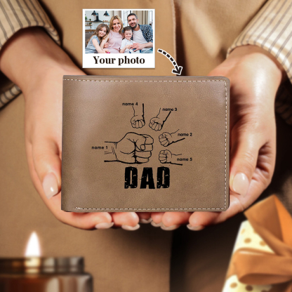 Personalized Leather Mens Wallet Engraved 5 Names Fist Bump Folding Wallet Father's Day Gifts