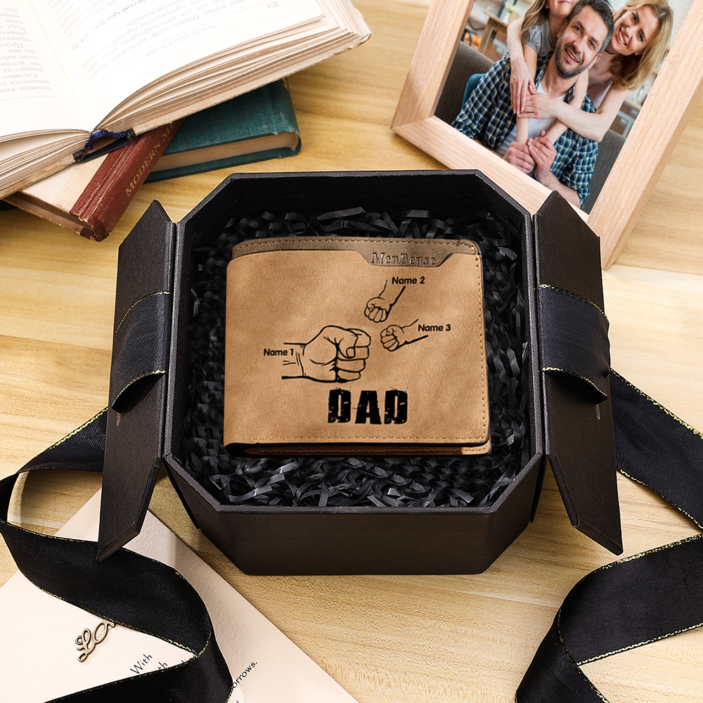 3 Names - Personalized Leather Men's Wallet Custom Photo Fist Fold Wallet with Gift Box for Dad