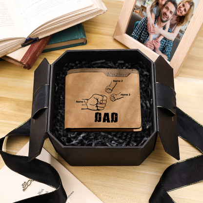 3 Names - Personalized Leather Men's Wallet Custom Photo Fist Fold Wallet with Gift Box for Dad