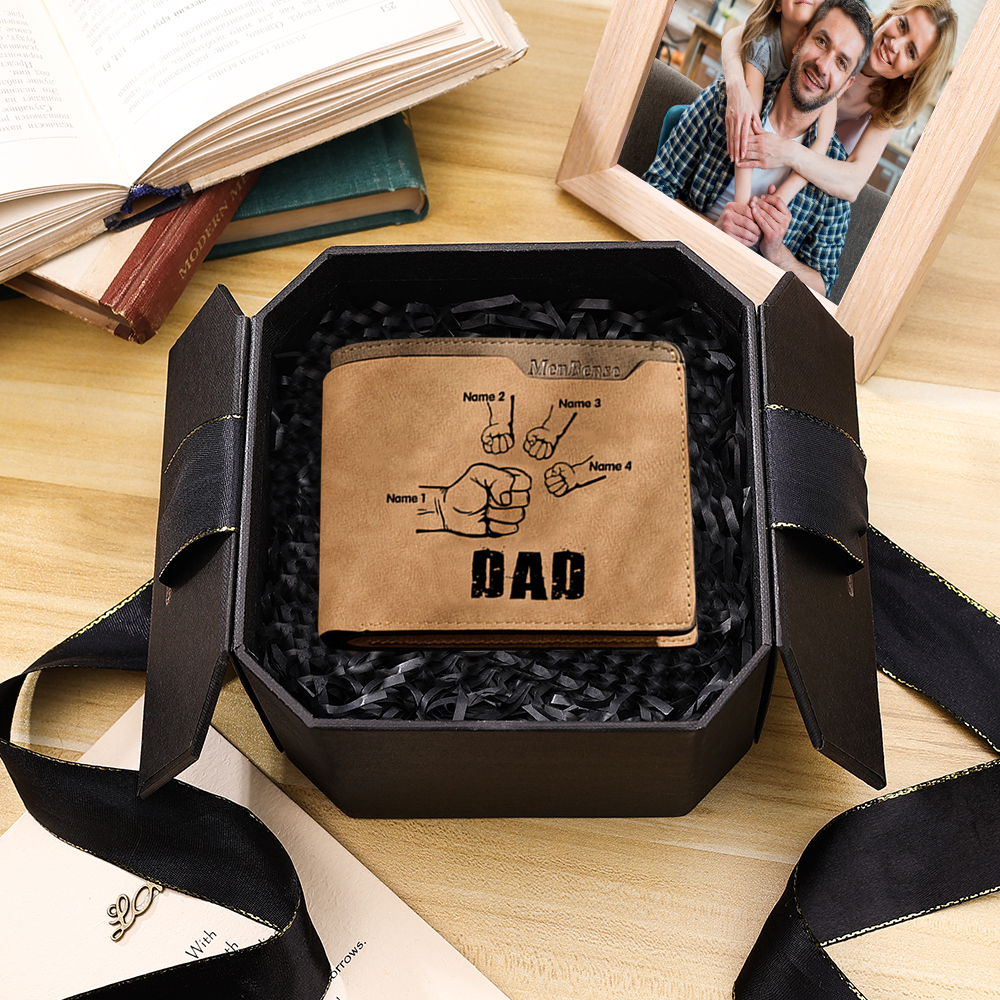 4 Names - Personalized Leather Men's Wallet Custom Photo Fist Fold Wallet with Gift Box for Dad
