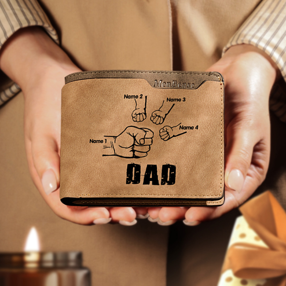 4 Names - Personalized Leather Men's Wallet Custom Photo Fist Fold Wallet with Gift Box for Dad