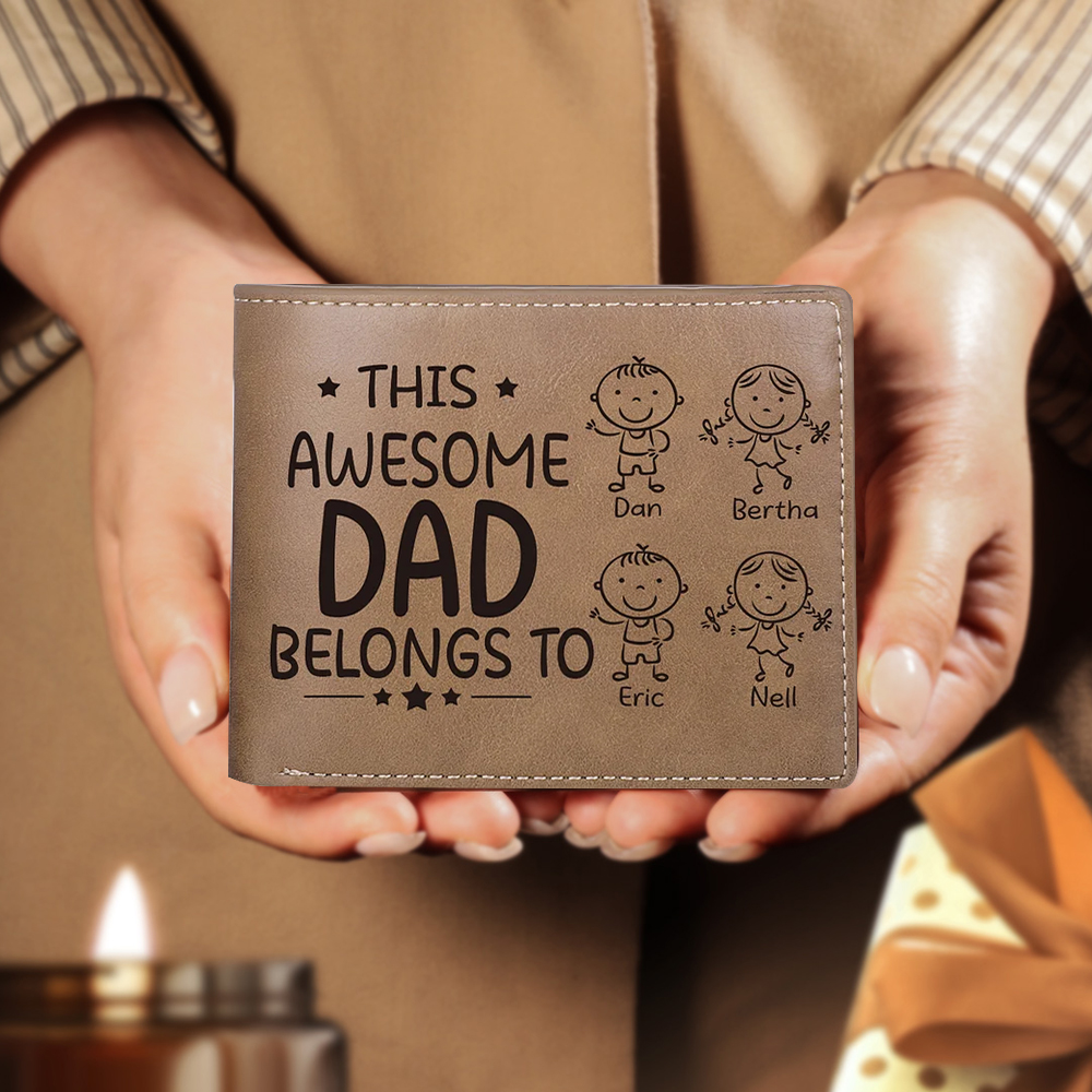 4 Names-Personalized Doll Customized Leather Men's Wallet Customized Name Folding Wallet for Dad