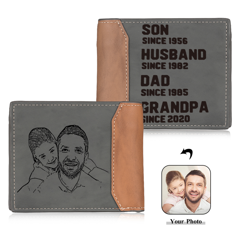 Personalized Photo Customized Leather Men's Wallet Customized with 4 Dates as Father's Day Gift for Grandpa