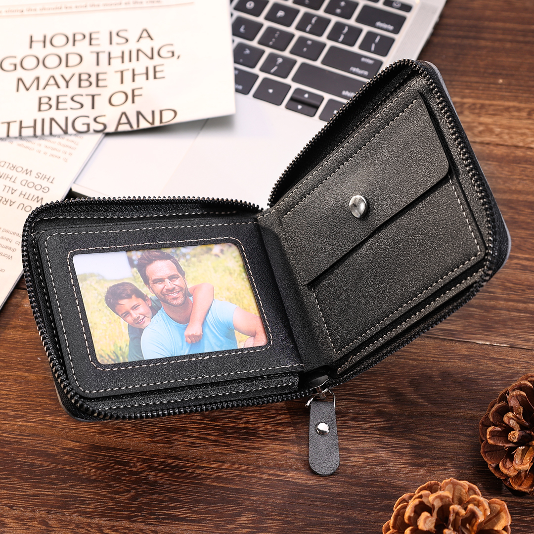 Photo Personalized Leather Zipper Men's Wallet Custom Text Fold Wallet for Dad