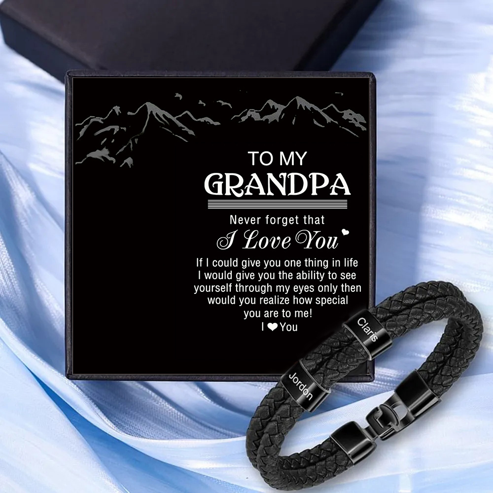 2 Names - Personalized Men's Bracelet Custom 2 Names Braided Leather Bracelet for Grandpa