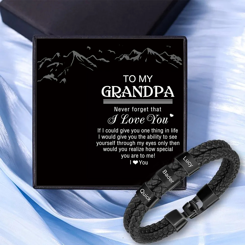 3 Names - Personalized Men's Bracelet Custom Name Braided Leather Bracelet for Grandpa