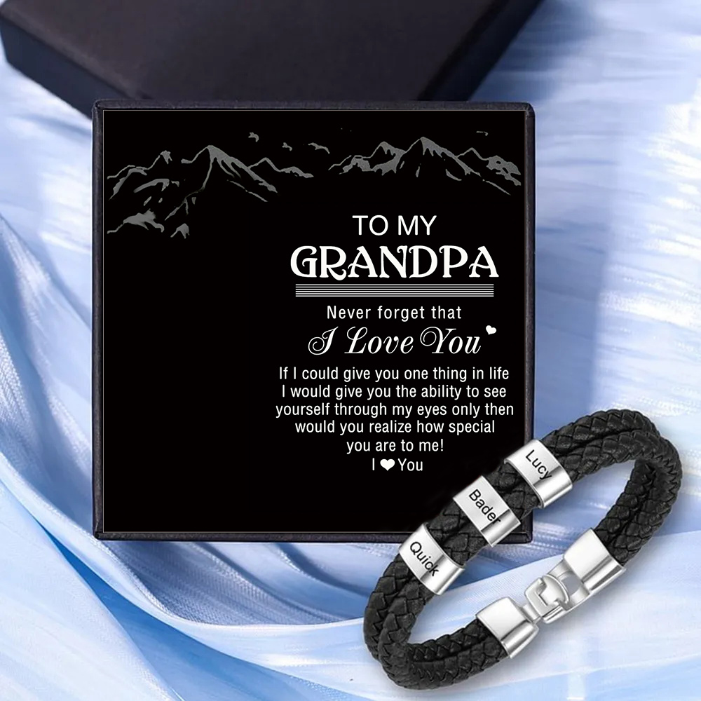 3 Names - Personalized Men's Bracelet Custom Name Braided Leather Bracelet for Grandpa